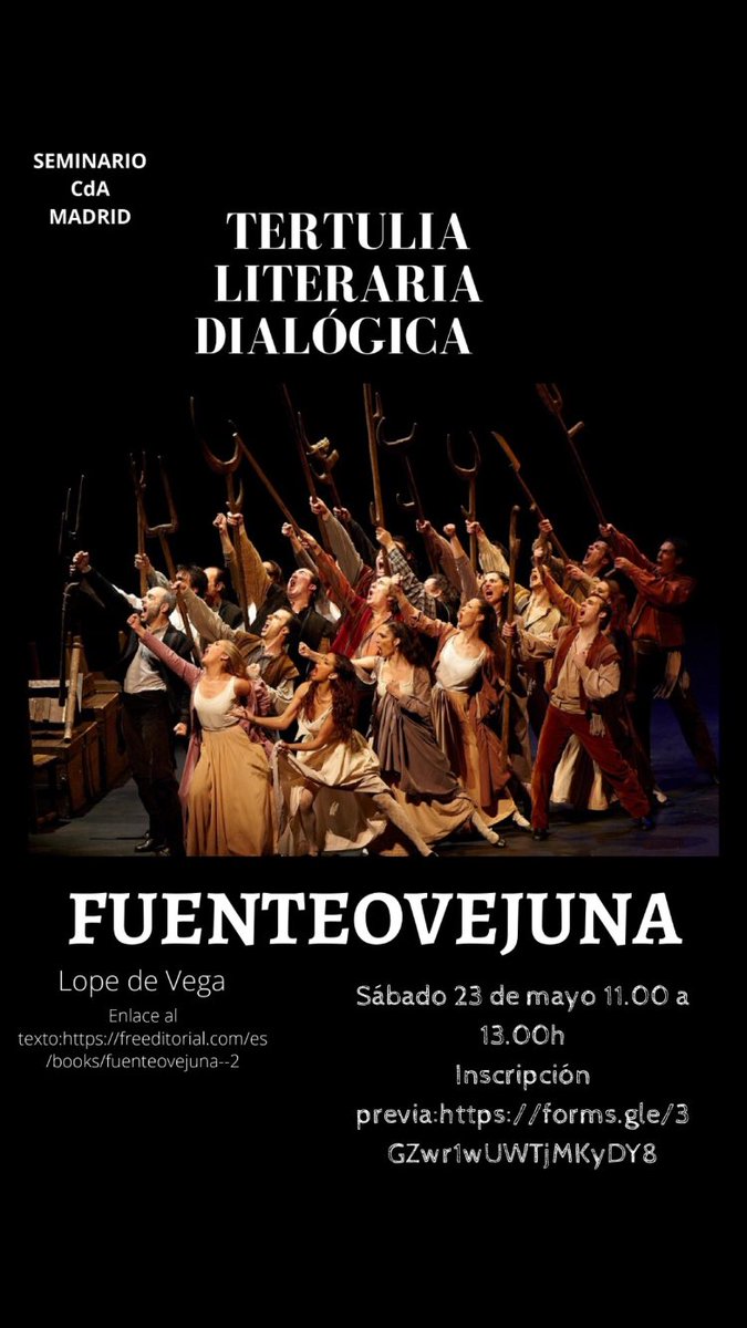 CdAMadrid's tweet photo. Os invitamos a nuestra próxima TLD, ‘Fuenteovejuna’ de Lope de Vega. El 23 de mayo 11-13h. Inscripción: https://t.co/nbpNCOVQUz 📚📡🏹💟🗝️✊⚖️ Una obra contra la tiranía, en busca de la justicia, la libertad y el amor a través de la solidaridad de todo un pueblo... ¡Os esperamos! https://t.co/jAgPdbrnsX
