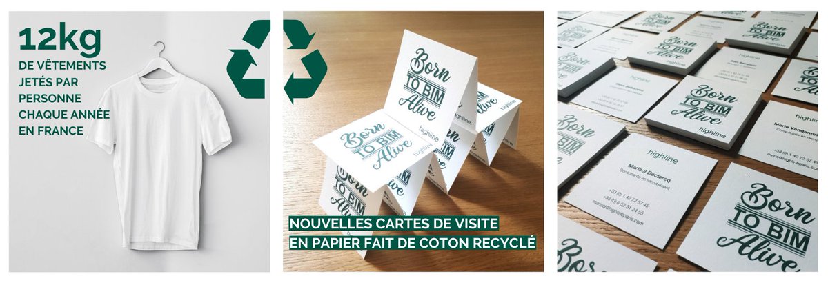 Nos nouvelles cartes de visite sont imprimées sur du papier de coton recyclé fabriqué à partir de t-shirts et de chutes de denim. <a href="/MOO/">MOO</a> <a href="/mohawkpaper/">Mohawk</a>