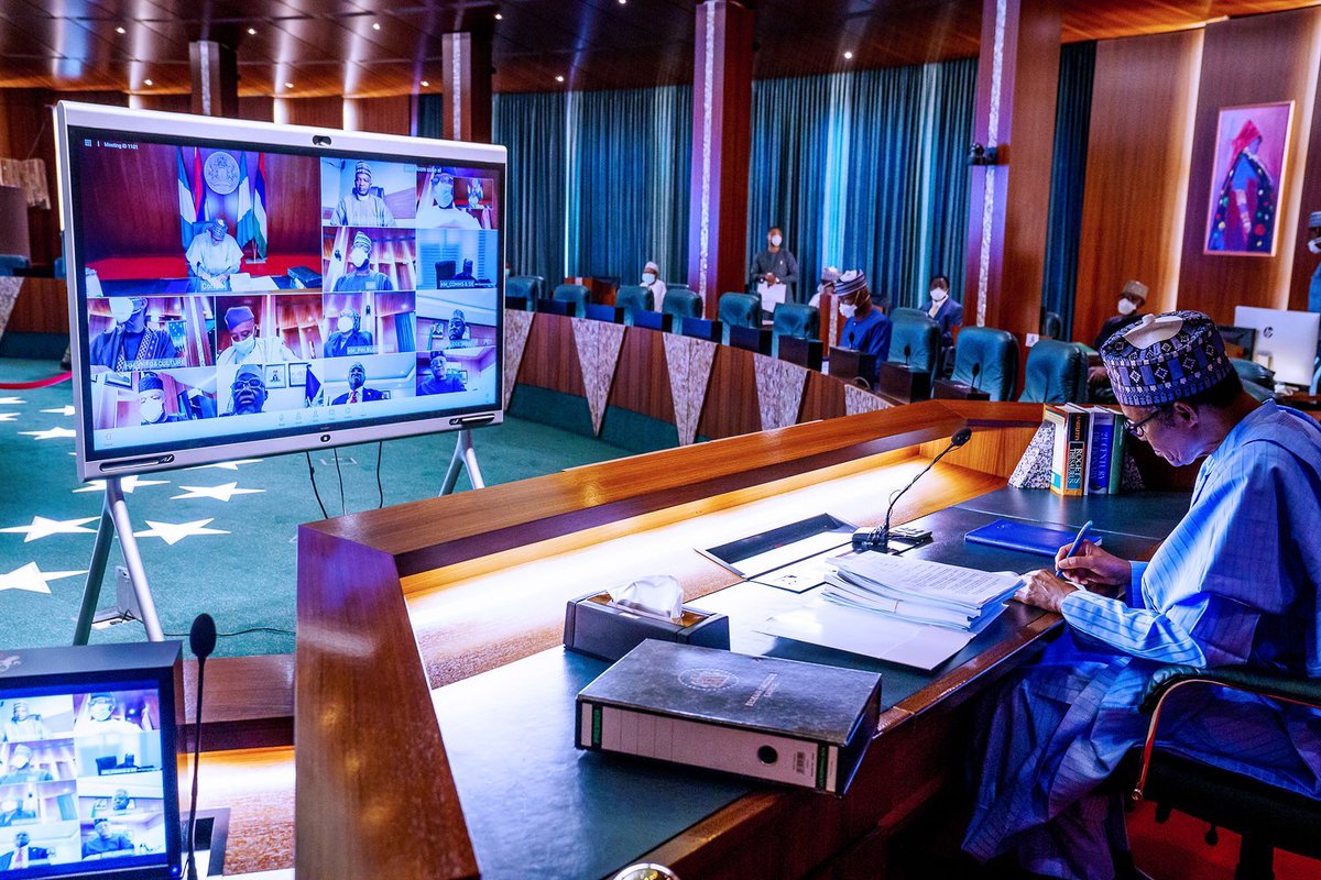NigeriaGov's tweet photo. President @MBuhari chaired the first online Federal Executive Council (FEC) meeting since the COVID-19 lockdown and appointed Professor Ibrahim Agboola Gambari as his  Chief of Staff
#AsoVillaToday https://t.co/uUjpzGffVu
