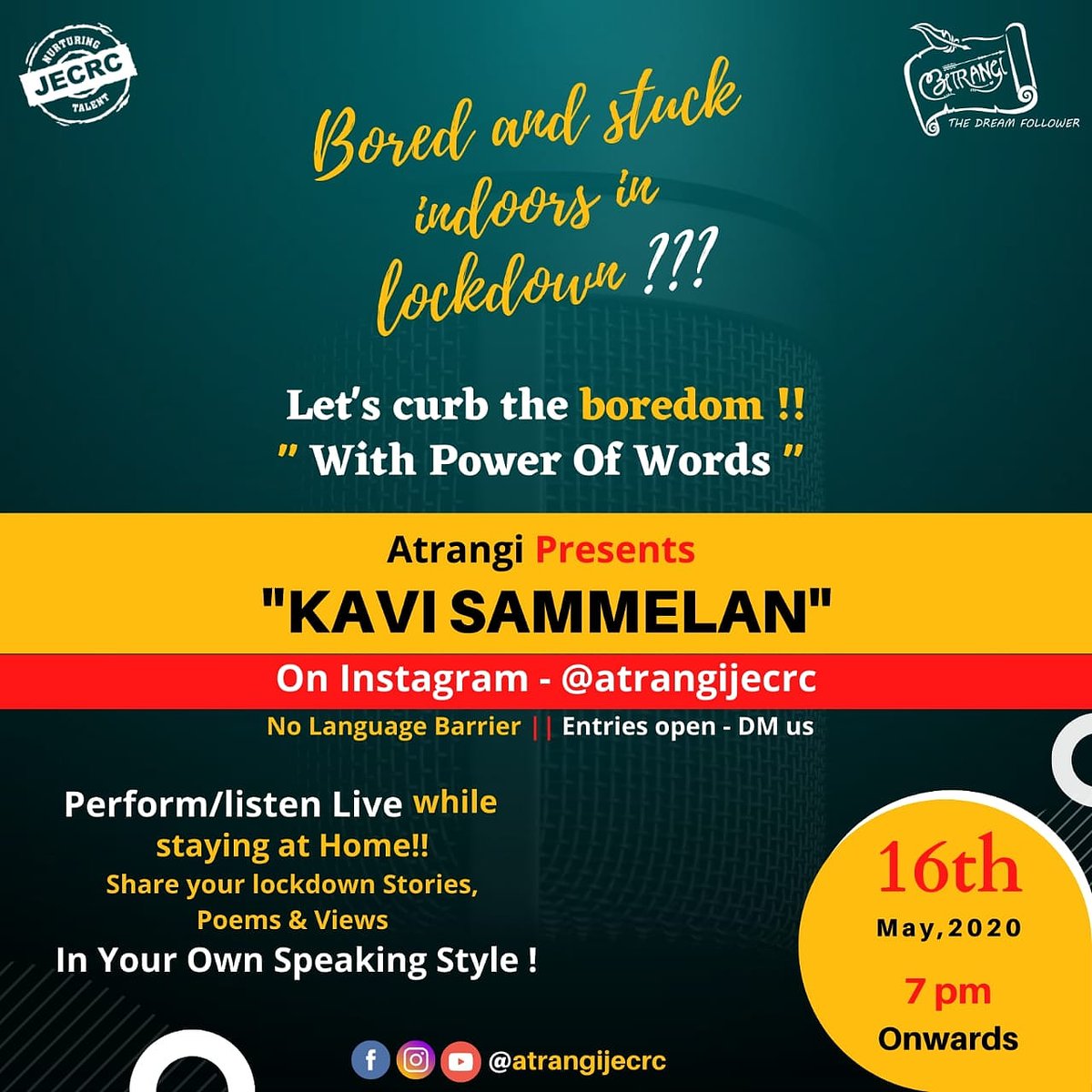 renjecrc's tweet photo. Does the news of Lockdown-4 scare you?

In this lockdown, while we're all quarantined. Team Atrangi of JECRC brings an online event "Kavi Sammelan" to cheer you up.
If you're looking for a platform to perform, then this event is especially for you! https://t.co/SyB273ddpm