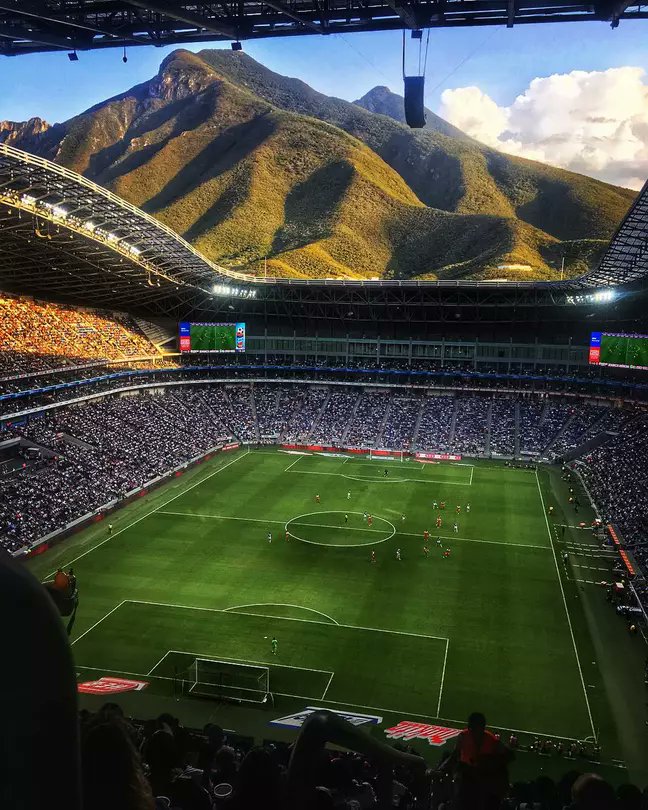 1. Estadio BBVA, Monterrey, Mexico – Home of C.F. Monterrey in Guadalupe, the impressive stadium sits in a depression in the shadow of the straddle-shaped Cerro de la Silla mountain, comprised of variably-dipping Jurassic and Cretaceous limestones. Photo source unknown.