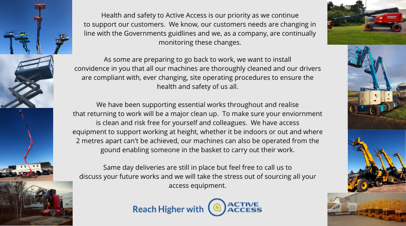 We are open!

Our offices are working on skeleton staff and we are picking up the phone and emails to our customers as fast as we can.

So, if you require a machine same day, next day or next week we are here to help 😊

📞01698 281190
📧hire@activeaccess.co.uk