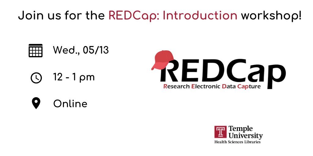 TempleHSLibs's tweet photo. There's still time to register for today's noon workshop on REDCap! Registrants receive a copy of the recording and slides. https://t.co/Vfp3QhLCSn #TempleLibraries https://t.co/gsZswy0ho6