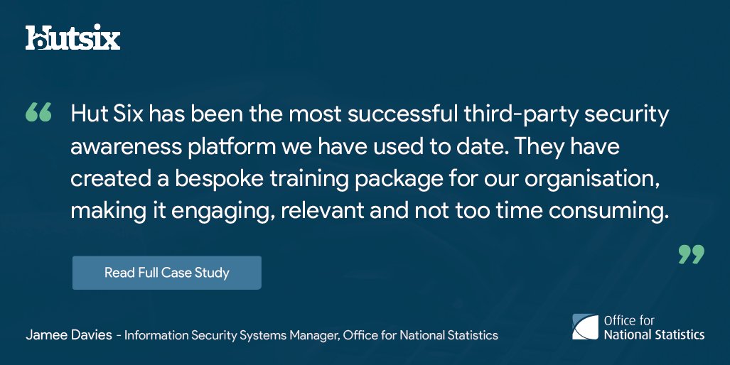 HutSixSecurity's tweet photo. The Office for National Statistics saw an 82% reduction in completed phishing simulation attacks by using Hut Sixβs Information Security Awareness solution. Read the case study now: https://t.co/aay415QC2V
#informationsecurity #cybersecurity #simulatedphishing https://t.co/B6I5V7QUoA