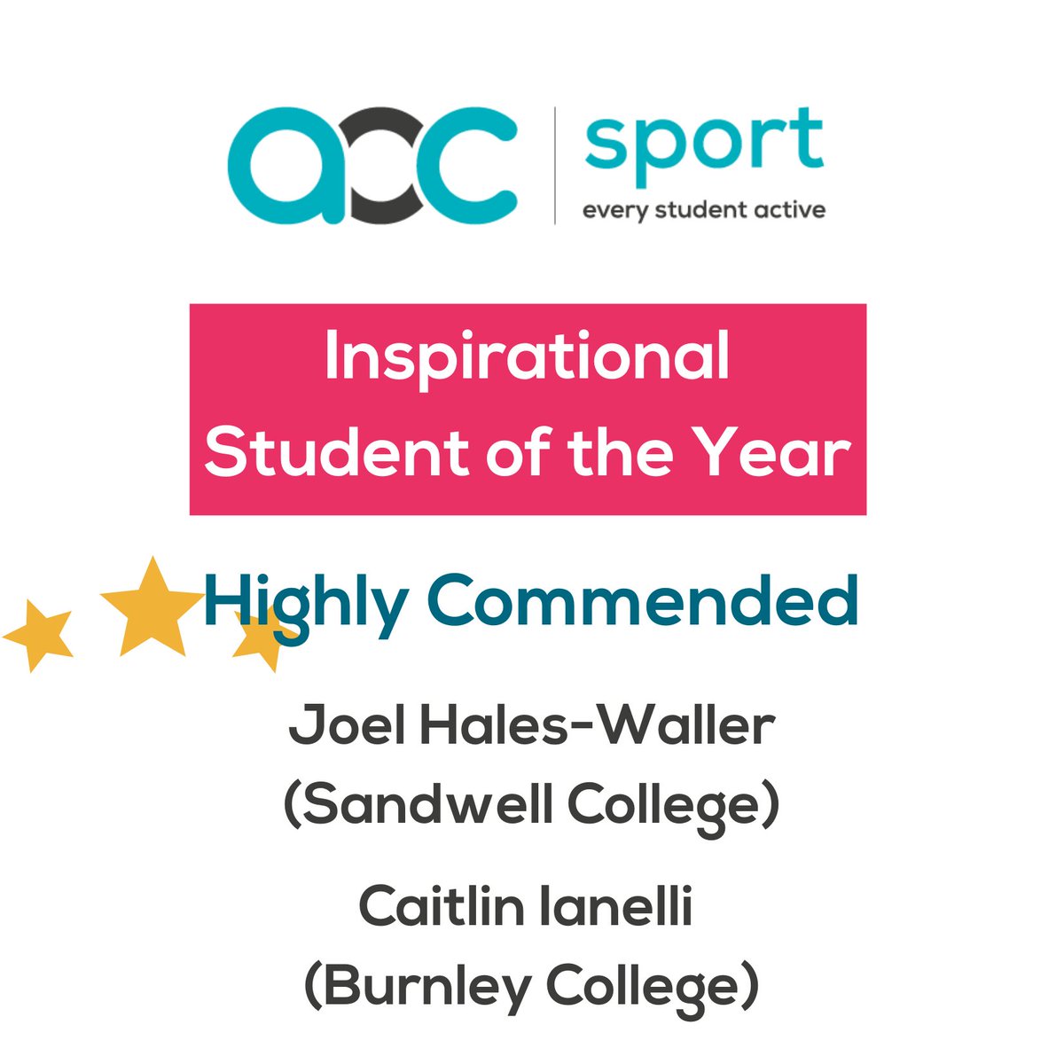 AoC_Sport's tweet photo. 🌟 Inspirational Student of the Year - Highly Commended 🌟

Joel Hales-Waller @sandwellcollege - Plays and coaches using a power wheelchair &amp; advocates using sport to improve mental health. 

Caitlin Ianelli @BurnleyCollege - Enthusiastic fitness student, volunteer &amp; ambassador https://t.co/HC61qgG5E0