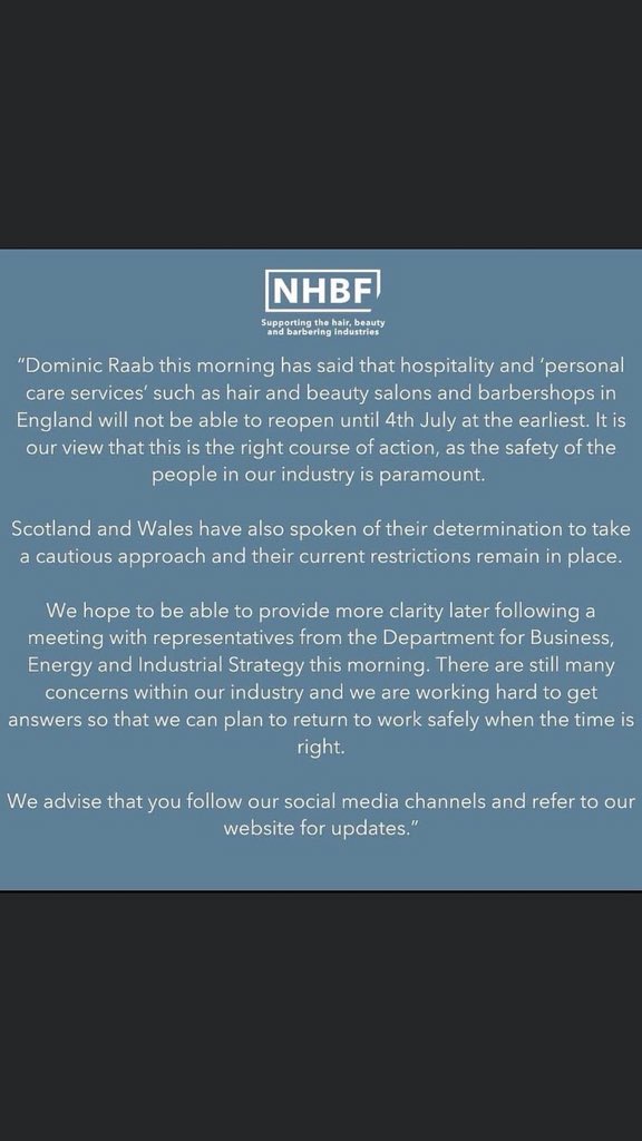 brownsshrews's tweet photo. This is the latest update from the National Hair and Beauty Federation...it’s looking like July 4th at the earliest, however we can’t start taking appointments until we know what restrictions there will be on social distancing within hair salons.
We’re missing you all very much. https://t.co/InwkSk8p0p