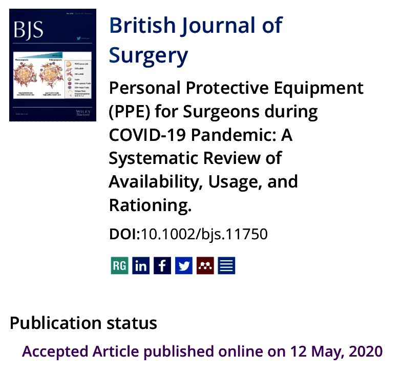 ReconRegen's tweet photo. Delighted to have a really topical and important paper accepted in the @BJSurgery on personal protective equipment for surgeons in the Covid-19 Pandemic. Great team work with my two most senior Lecturers @JessopZita and Tom Dobbs and team. https://t.co/Dx3rYGrzZ6