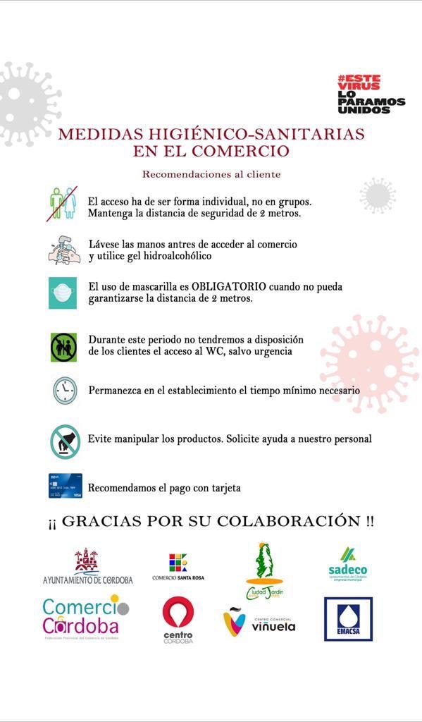 Os dejamos el cartel con las medidas higiénico-sanitarias a cumplir por los clientes para el acceso a nuestros establecimientos. Las mismas han de estar en lugar visible. Para su adquisición, contactar con <a href="/comerciocordoba/">comerciocordoba</a> a través de este medio o telefónicamente.