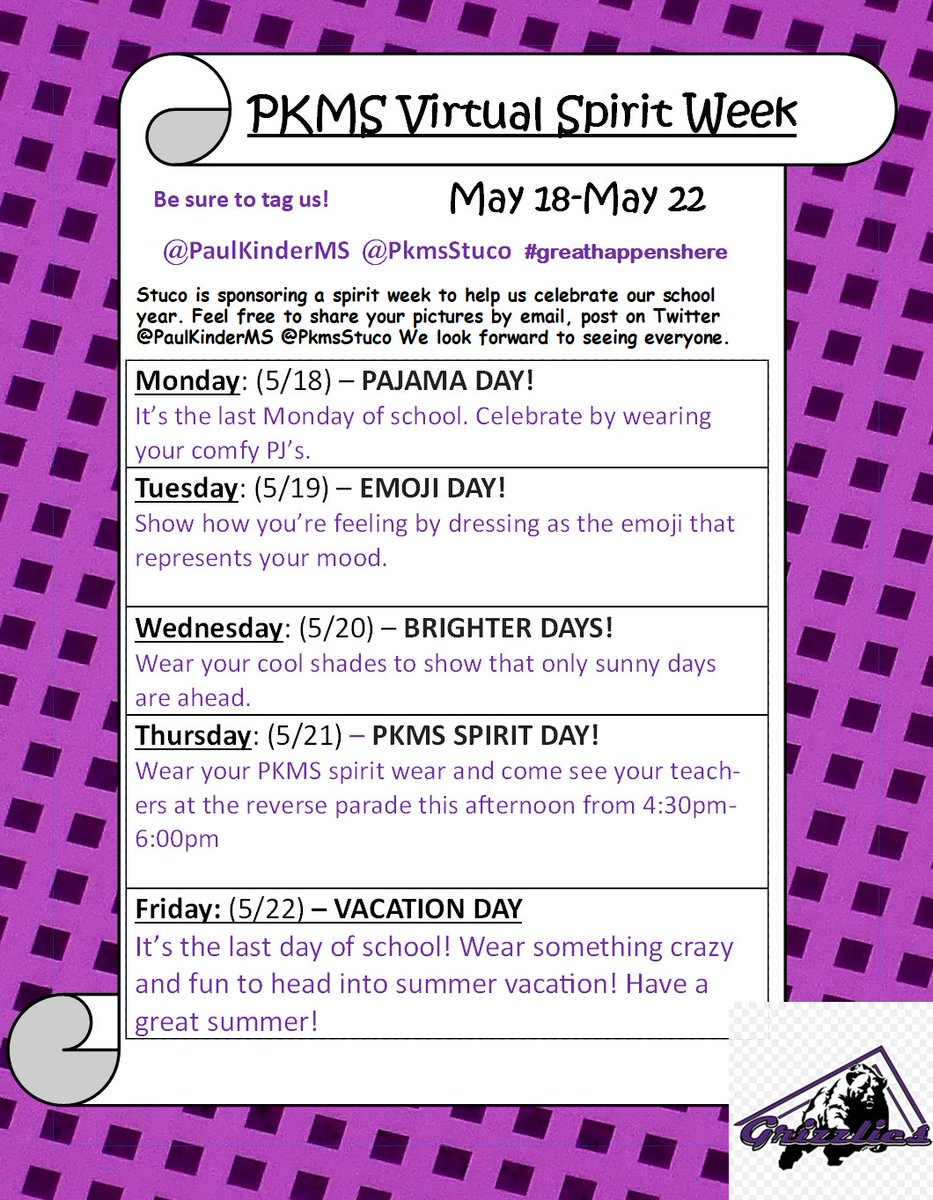 PkmsStuco's tweet photo. We are down to our last week of school next week for this year.....what PERFECT timing for a spirit week @PaulKinderMS We can't wait to see your pictures! #VirtualSpiritWeek #greathappenshere #wearebssd https://t.co/WeEqFz09FL
