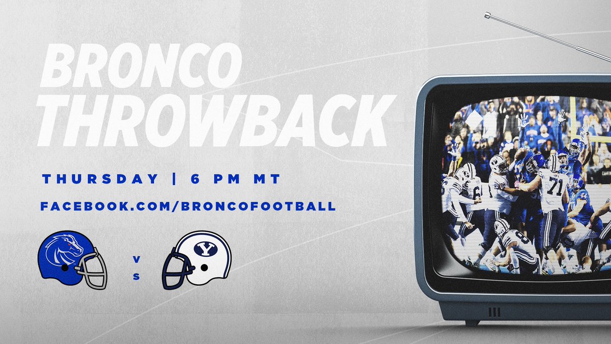 BroncoSportsFB's tweet photo. UPDATE: This weekโs #BroncoThrowback will now be the 2016 BYU matchup on The Blue!
๐บ Facebook Live
๐ 6 PM MT https://t.co/EGEBCHwORo