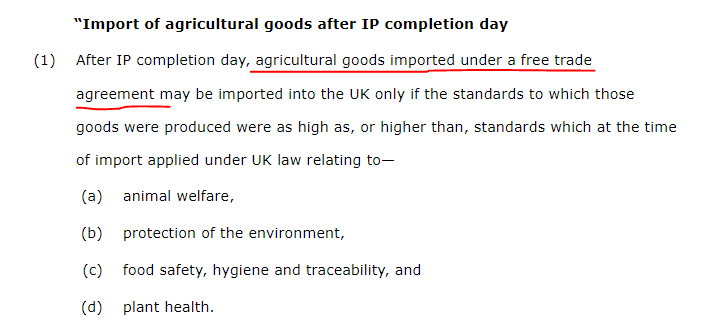 3/ In other words, if the UK and US sign a Free Trade Agreement and a US exporter wants to send the UK something produced under a lower than UK standard, but is happy to pay the WTO tariff... does this clause prevent them from doing so?