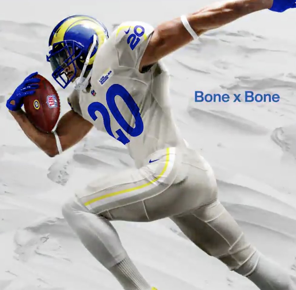 theStevenRuiz's tweet photo. some detail: the "bone on bone" color scheme was actually a tribute to todd gurley's knee and they decided to keep it after he was cut. https://t.co/hwtlOPjHYq
