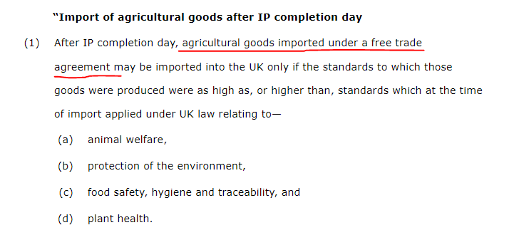 2/ This clause will only apply to "goods imported under a free trade agreement."What does that mean exactly? Does it mean any agricultural goods from a country with which the UK has an FTA, or just those goods that want to take advantage of an FTA's lower tariffs?