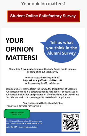 DGPHCVMTuskegee's tweet photo. DGPH at Tuskegee University: Announcement for DGPH
Students and Alumni: Please submit online student satisfactory survey to us. Your opinion matters. Please visit following links to open this survey. Thanks
Student Satisfactory Survey link:https://t.co/STI9o4D35u https://t.co/FtI67z8NG4