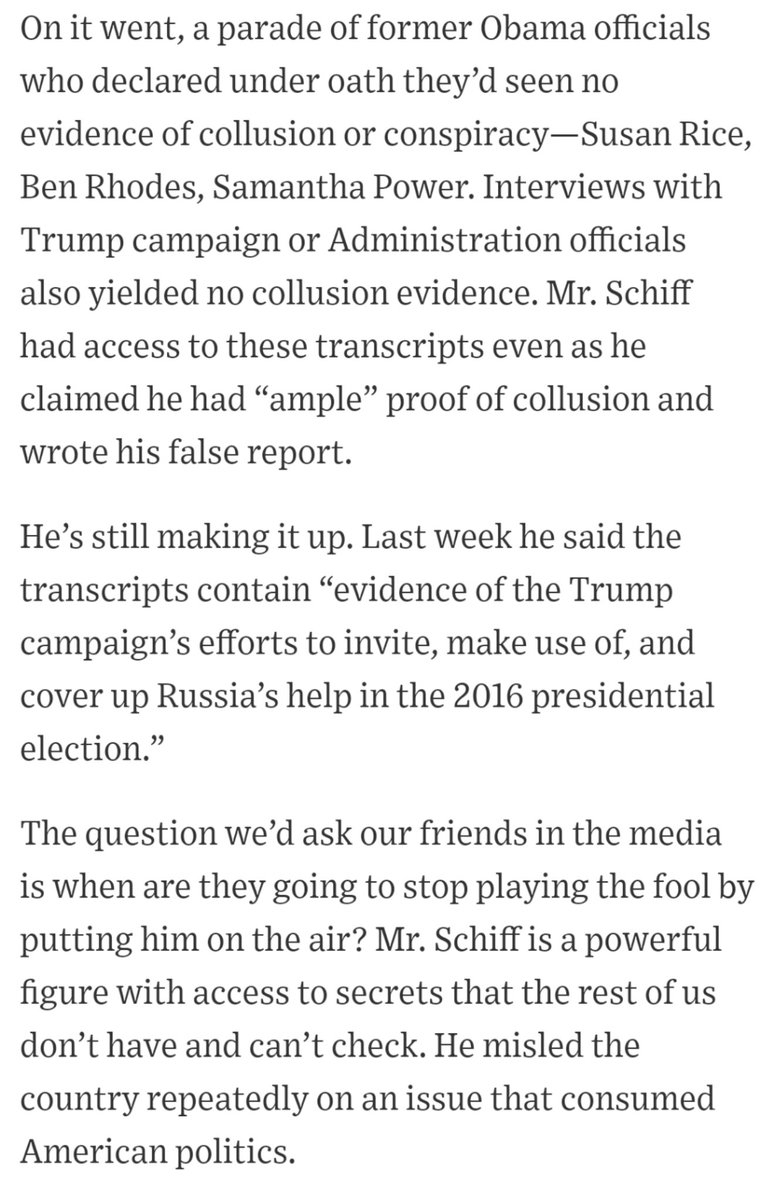 The facts show Adam Schiff lied. He knew for a fact there was no collusion, yet he deliberatly threw gasoline on a fire that consumed Congress for three years and threatened the very foundation of our republic. There MUST be accountability for this.  @JudiciaryGOP is on it.