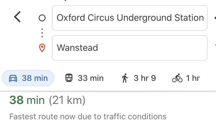 I’ve picked two locations, one east, Wanstead and one west, Northolt to show what travel to the centre looks like, using Oxford Circus as “the centre”. It’s respectively a 3 hour or 4 hour walk from these locations or a cycle ride of around an hour.3/5