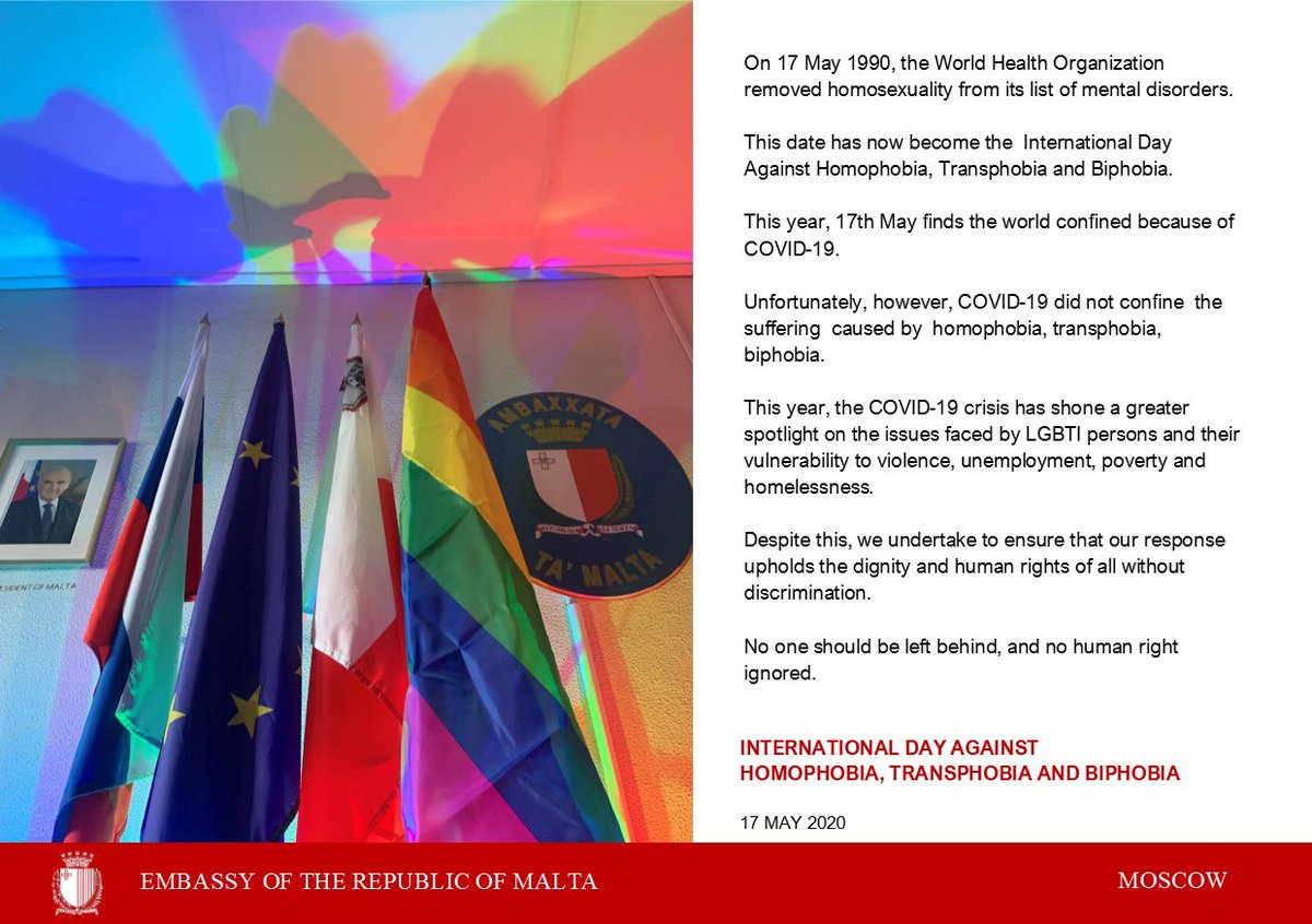 MaltaMoscow's tweet photo. @MFEAMalta @EvaristBartolo @WBG_SocialDev #IDAHOBIT2020 @rulgbtnet @EUinRussia #LGBTIQ https://t.co/3DT8w2OhQn
