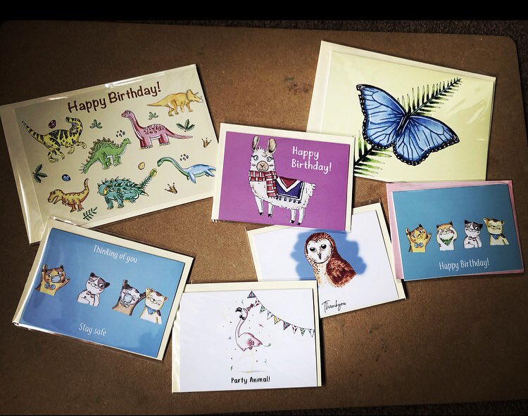 Greenemerald102's tweet photo. All of my greetings cards are fully stocked and ready to go from Thank-you cards to stay safe cards😊 
I can personalise any card and send to anywhere in the UK💙

#handmade #handmadecards #greetingscards #greetingscardsforsale #greetingscardsuk #illustrator #illustrationartists https://t.co/XQ5ukfMr30