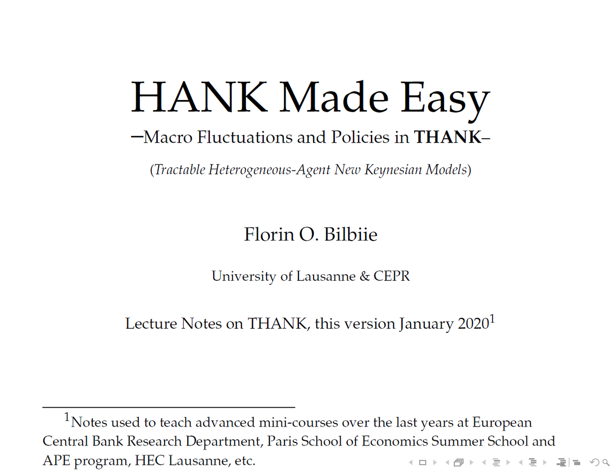 FlorinBilbiie's tweet photo. 1/n "HANK Made Easy" Lecture notes/slides on Macro Policies in THANK (Tractable HANK).  Having had to cancel several courses, I am sharing publicly the slides I use to teach TANK and (T)HANK 
https://t.co/pBQuNQf3an https://t.co/cWHZk2dLJb