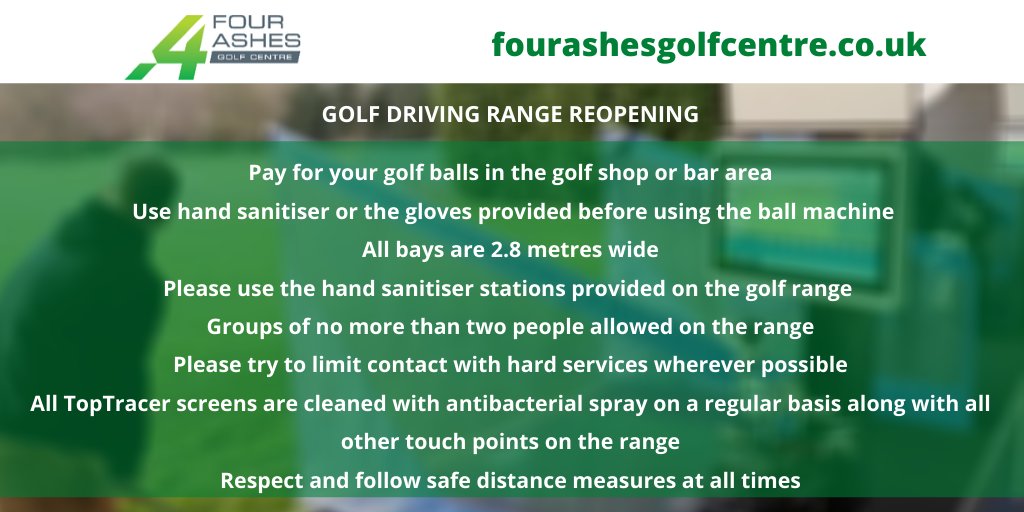 FourAshesGolf's tweet photo. If you are visiting the driving range when we reopen on Thursday 14 May please follow our guidelines so that we can ensure the safety of our guests and staff https://t.co/EDKetcfgIS