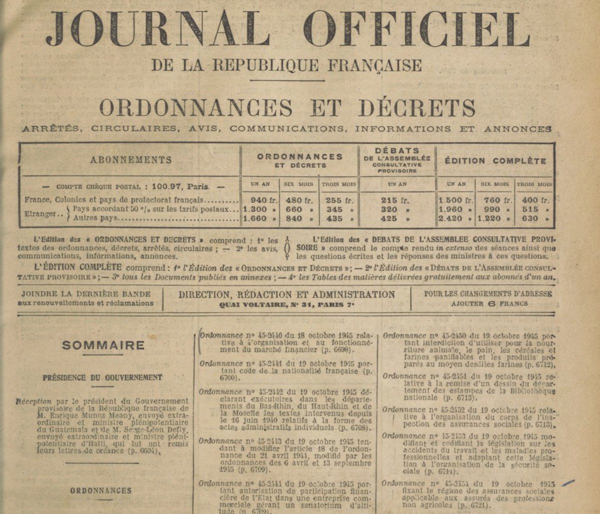 Cela débouche sur les 2 ordonnances des 4 et 19 octobre 1945 fondatrices du nouveau régime, qui sera ensuite mis en oeuvre par le successeur de Parodi au Ministère du Travail et de la Sécurité Sociale, Antoine Crozat