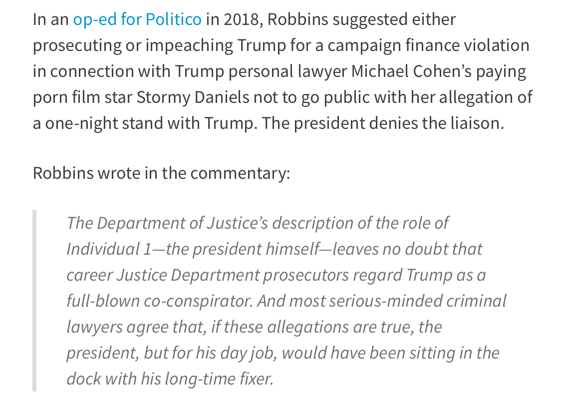 Robbins theory is that Trump should be impeached for campaign finance violations because of Cohens payments to Stormy Daniels.