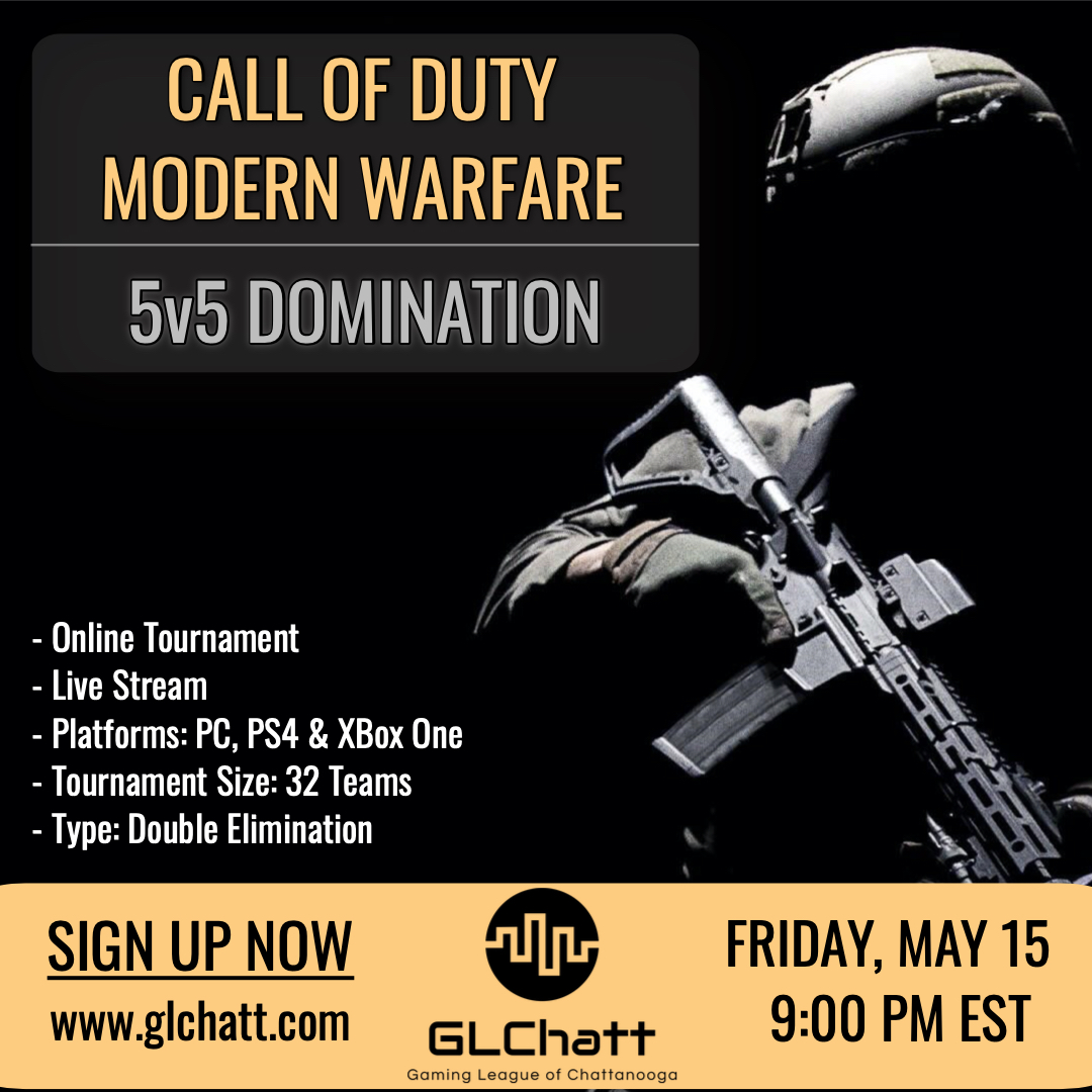 GL_Chatt's tweet photo. Thanks to everyone who showed off their skills in last week's tournament! Congrats to @TeamSearchh for their win!
-
We are hosting another online tournament this Friday at 9 PM EST --->  5v5 Domination
-
Head over to our website to SIGN UP!! Can't wait! https://t.co/pPuhyQLENf