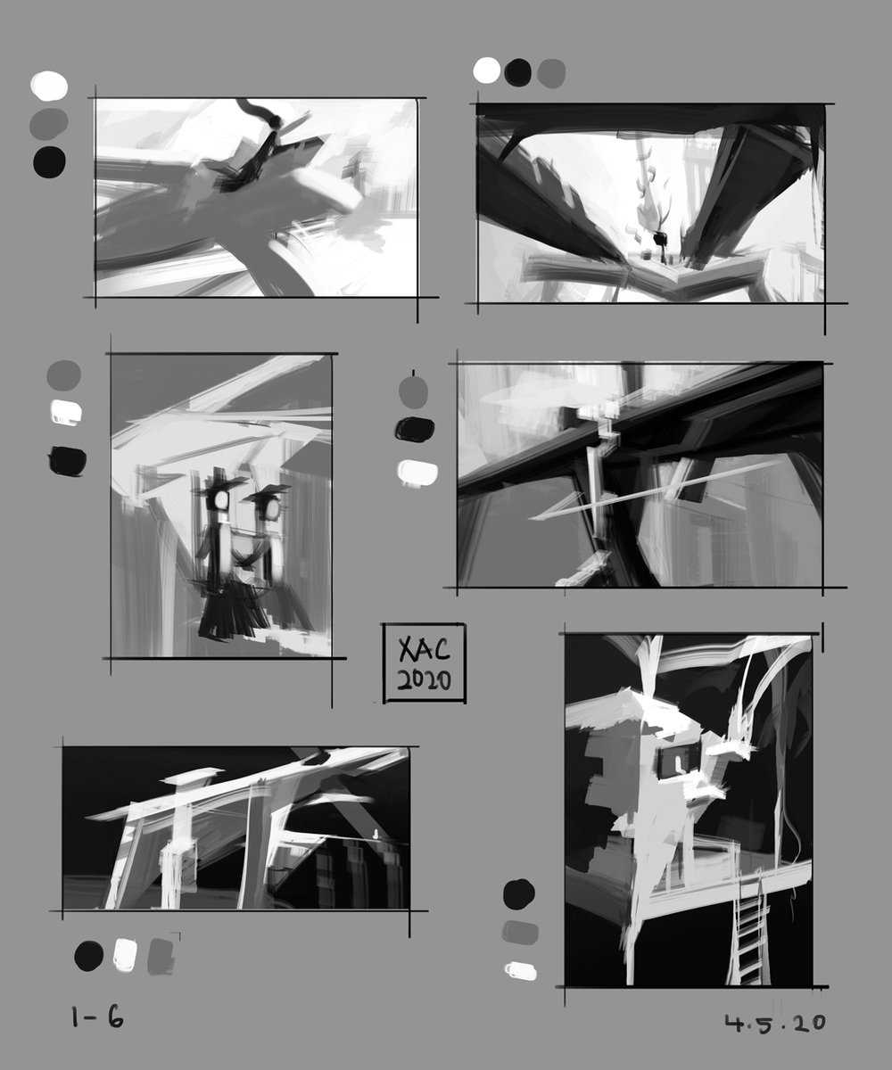 xacillustration's tweet photo. Some quick abstract value planning studies, to get better at handling values and using them for compositional purposes. Let's do a 100? >.<
#valuestudies #abstractdrawings #BWart #thumbnails #quickstudies #illustration #landscapes #sketchbook https://t.co/BPVrSCB9Gb