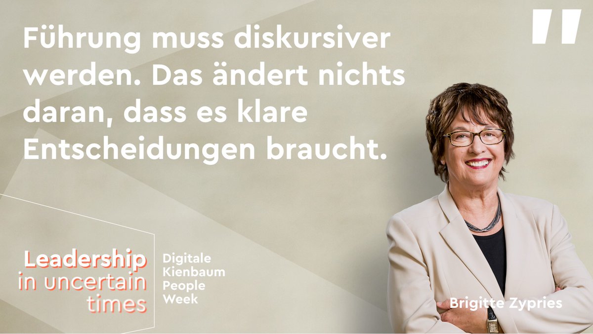 KienbaumConsult's tweet photo. "Ich bin ein großer Fan von diskursiven Veranstaltungen. Aber am Ende braucht es #Leader, die Entscheidungen treffen können, diese durchtragen und dazu stehen." @brigittezypries in der Session "Zusammen - Arbeit neu denken" bei der Kienbaum #pplweek https://t.co/VdcH4wtEqg