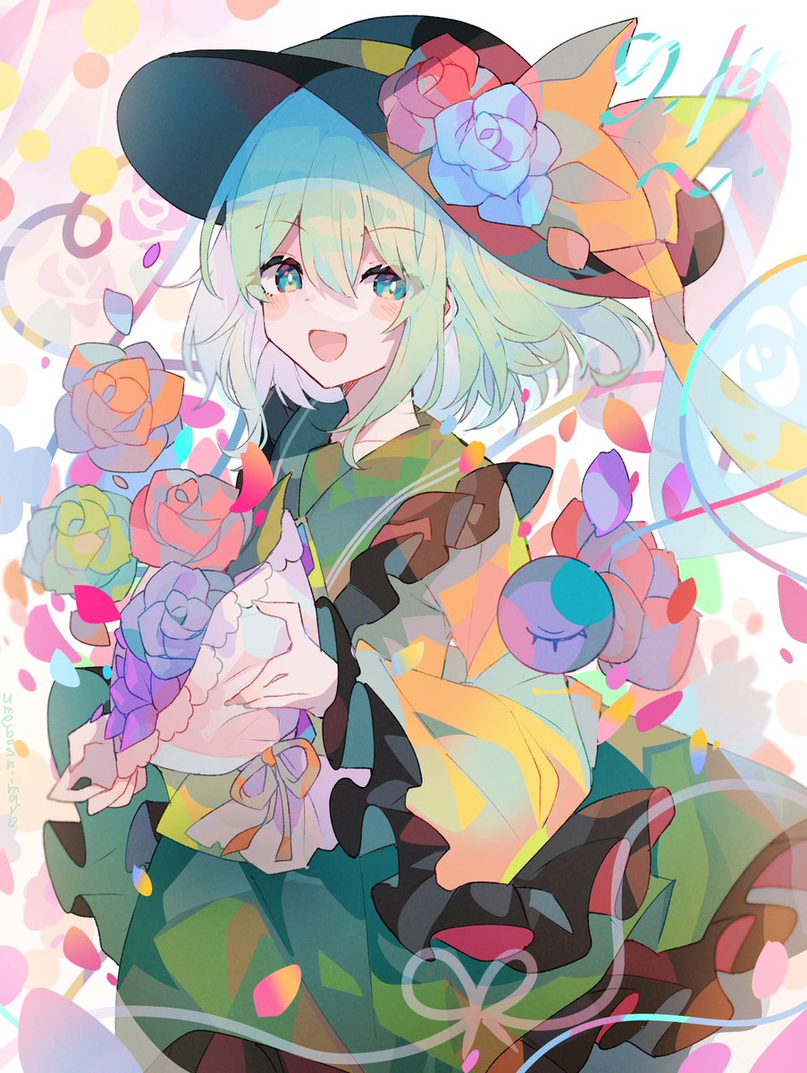 komeiji koishi 1girl solo hat flower third eye shirt black headwear  illustration images