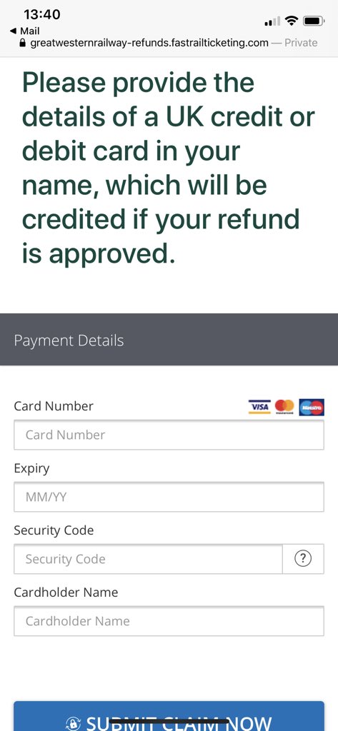 markjamesmolloy's tweet photo. @GWRHelp I received an email from GWR asking me to provide my card details including security code to process my season ticket refund request. Is this a genuine email or a scam to obtain my card details? I didn’t think you needed a security code for a refund? #GWR #TicketRefund https://t.co/xb70VZNoSa
