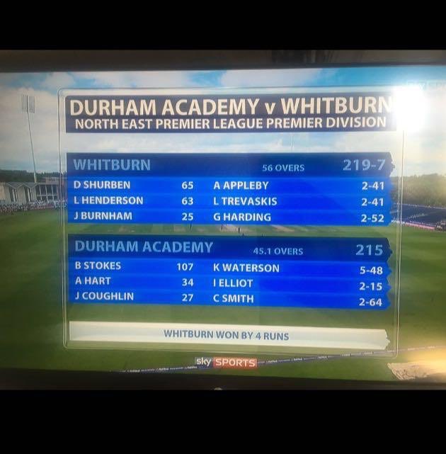 WhitburnCC's tweet photo. This has just popped up on @SkyCricket It was a terrific game of cricket in the @neplcricket. We managed to sneak across the line against a strong @DurhamCricket academy line up. Also very considerate of our bowlers to allow @benstokes38 to get some form 😃 https://t.co/wEzyHTTFff