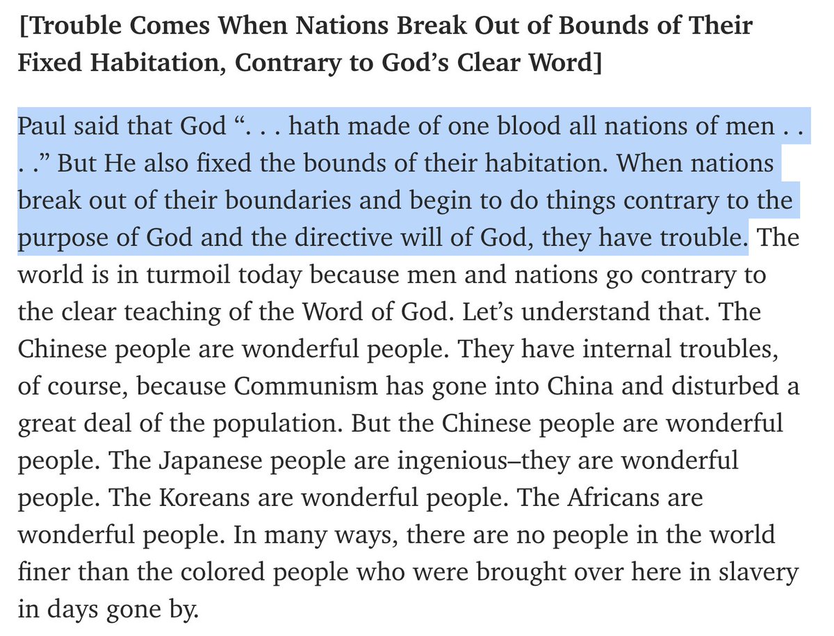 Take this example, a sermon by evangelist Bob Jones Sr, founder of an eponymous university that had segregationist student conduct policies in place until the 2000s. Do you recognize the same logic as Reno is using nearly sixty years later? https://www.thegospelcoalition.org/blogs/eva...