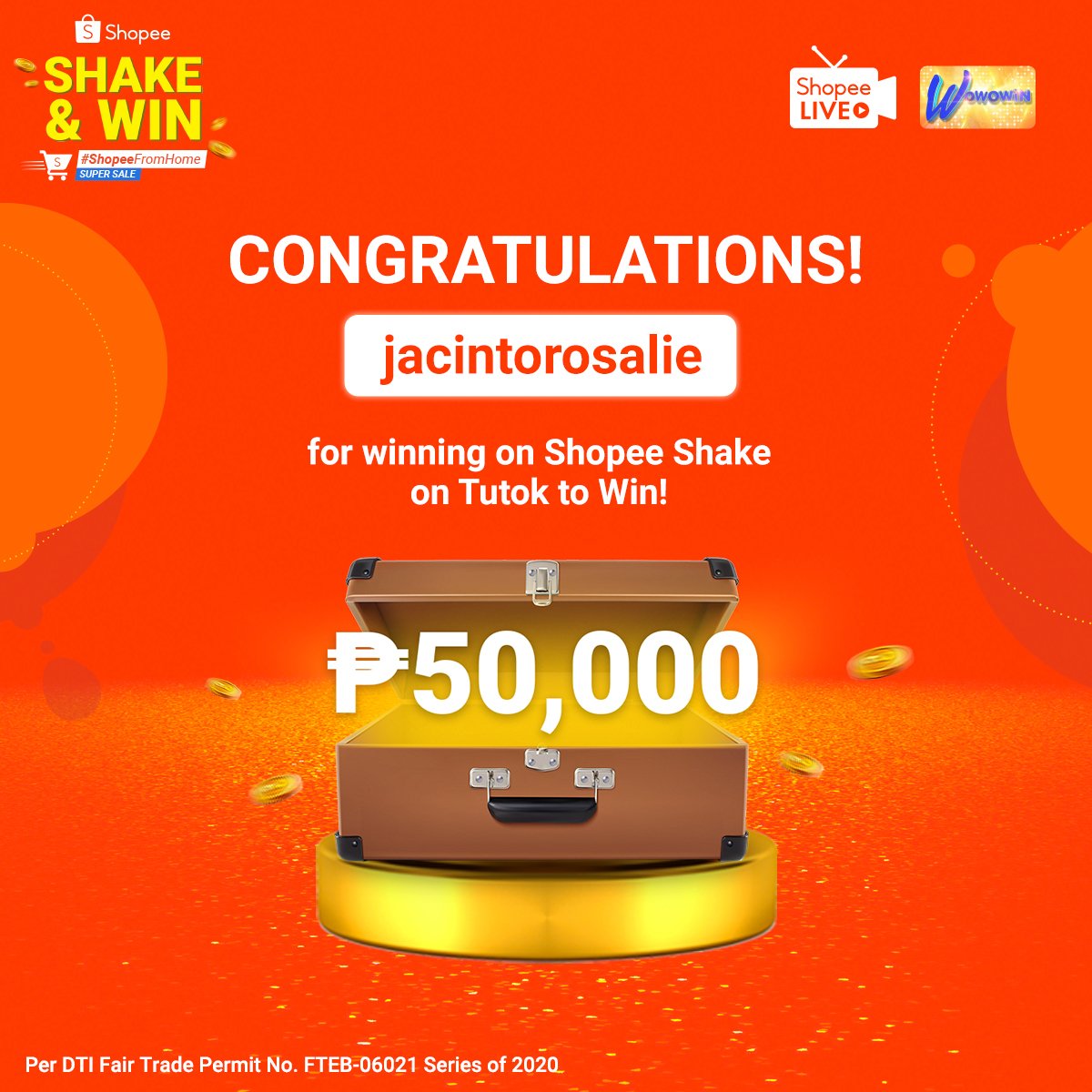 ShopeePH's tweet photo. Wow Wednesday winner!

Congratulations to @/jacintorosalie for winning ₱50,000! Emilio would be proud!

Don’t miss out on your chance to win tomorrow, 5:30PM, sa Shopee Live and Tutok To Win!

#ShopeeFromHome
#ShakeAndWin

Per DTI Fair Trade Permit No. FTEB-06021 Series of. 2020 https://t.co/5q7EAfdsQq