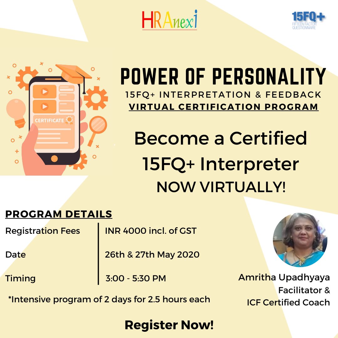HR_Anexi's tweet photo. In uncertain times like these, acquiring a new skill can go a long way! Discover your hidden talent and unleash your true potential to step up in your career with an intensive 15FQ+ Certification Program. 

Register now: https://t.co/nLR5j78HCO 

#hranexi #15fq #psychometric https://t.co/bYuSMt1c5X
