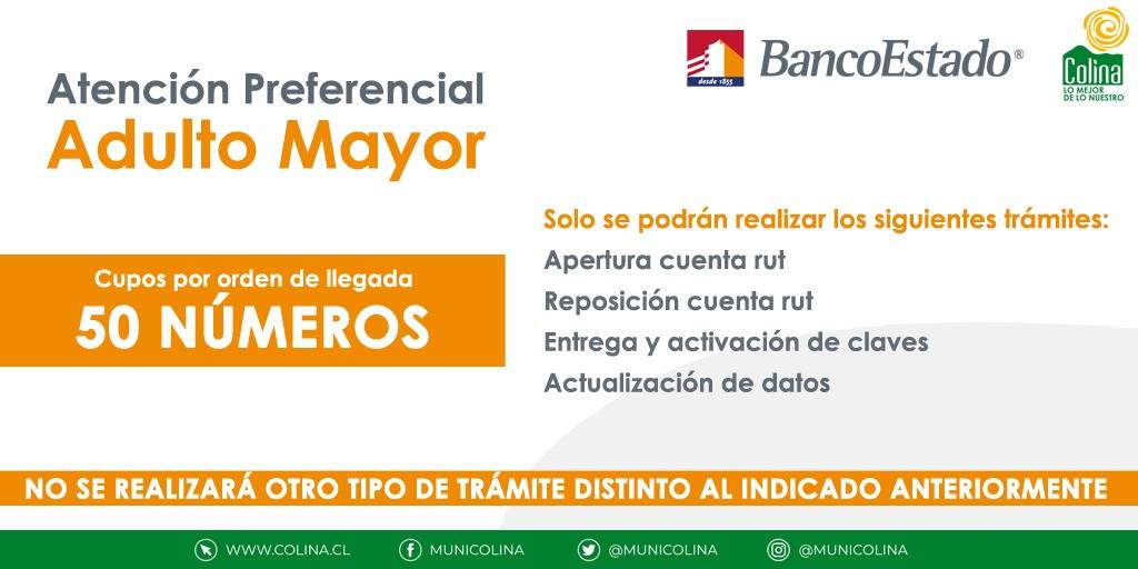 MuniColina's tweet photo. #ColinaInforma | @BancoEstado y el municipio abrió un punto de atención para #CuentaRUT en el gimnasio municipal de 9 a 15 horas, con atención preferencial a adultos mayores. Al público general se le tomarán los datos para entrega en fechas posteriores.
@mario_olavarria https://t.co/26OTtw0k3k