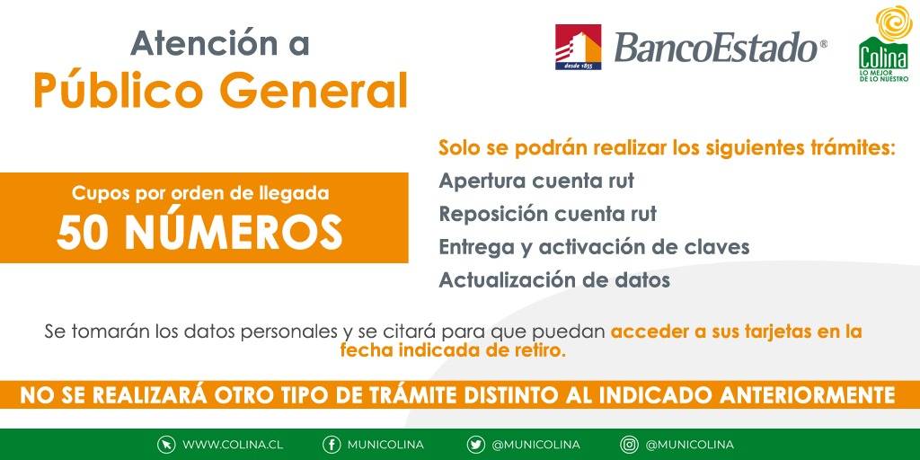 MuniColina's tweet photo. #ColinaInforma | @BancoEstado y el municipio abrió un punto de atención para #CuentaRUT en el gimnasio municipal de 9 a 15 horas, con atención preferencial a adultos mayores. Al público general se le tomarán los datos para entrega en fechas posteriores.
@mario_olavarria https://t.co/26OTtw0k3k