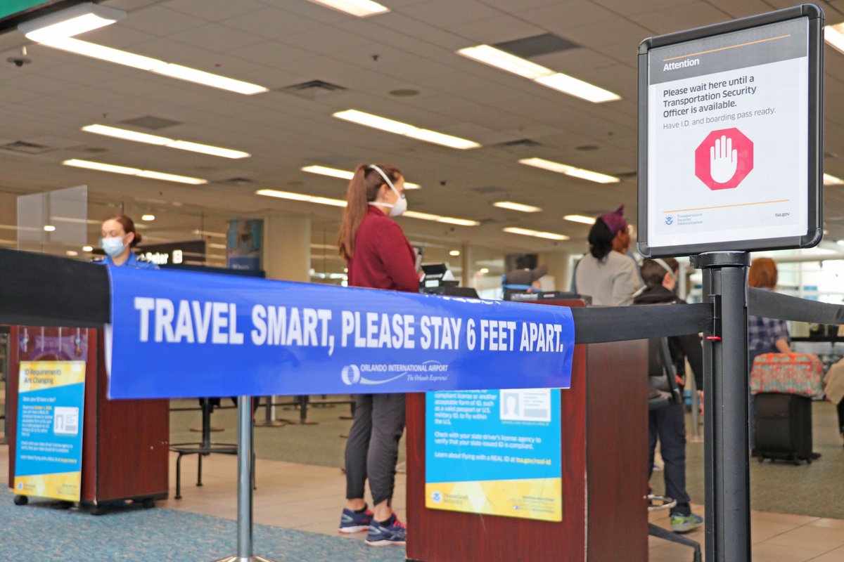 MCO's tweet photo. Flying out soon? We’re prepared to keep passengers socially distanced when they are traveling through. Look out for new signage at the security checkpoints - all part of our efforts to keep you safe along your journey. https://t.co/RYTTH9uvZ0