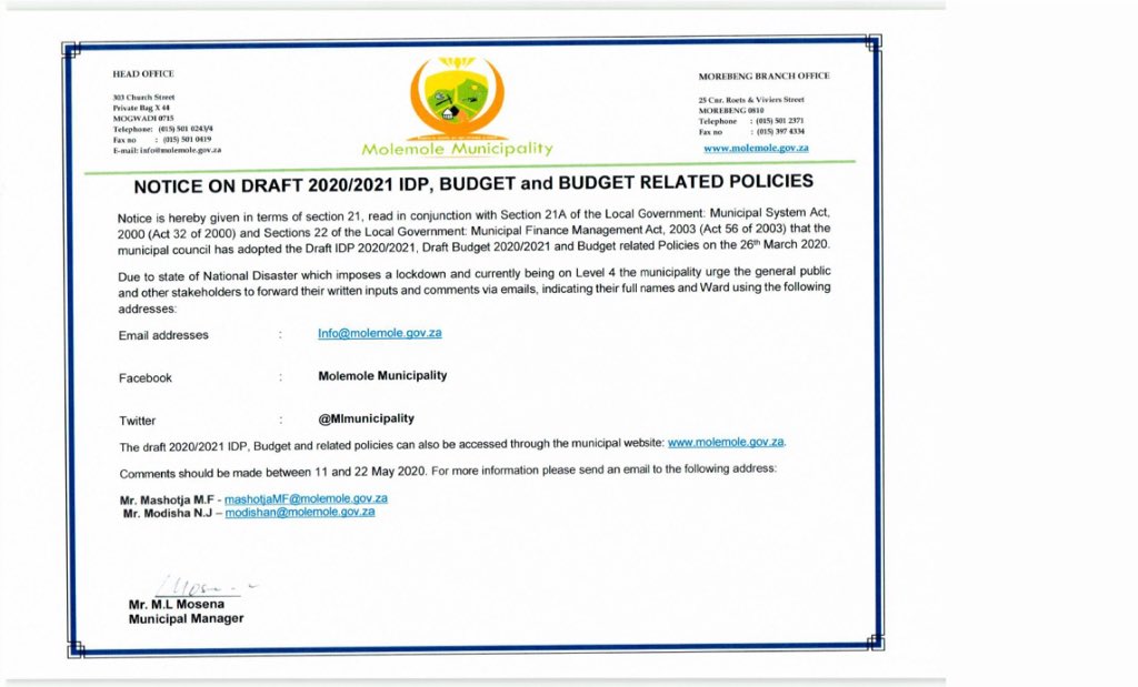 MLMunicipality's tweet photo. #PublicNotice #IDPBudget2021 https://t.co/eOdSfRQyPh