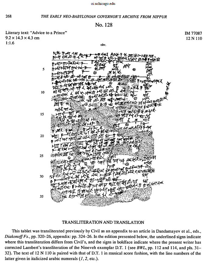 In 1973, the Oriental Institute at Chicago, in excavating an area of Nippur under McGuire Gibson, found a cache of texts belonging to the retinue of the city's governor (šandabakku); one of the tablets turned out to be šarru ana dīnim lā iqūl, dating to the mid-8th century BCE.