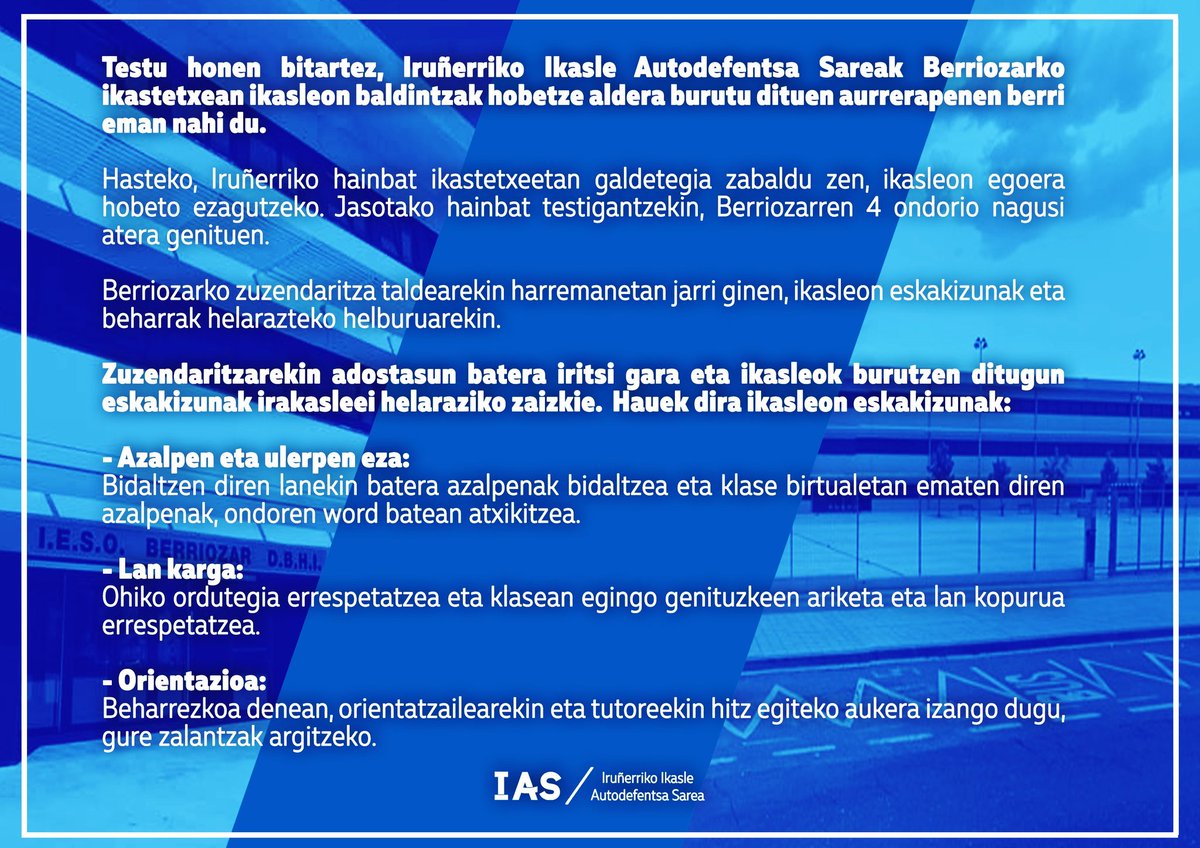IrunerriaIAS's tweet photo. Berriozar ikastetxean emandako aurrerapenen berri eman nahi dugu hurrengo testuaren bitartez👇👇👇

Mediante el siguiente texto damos a conocer los avances realizados en el instituto Berriozar👇👇👇 https://t.co/TYD4QnUluX
