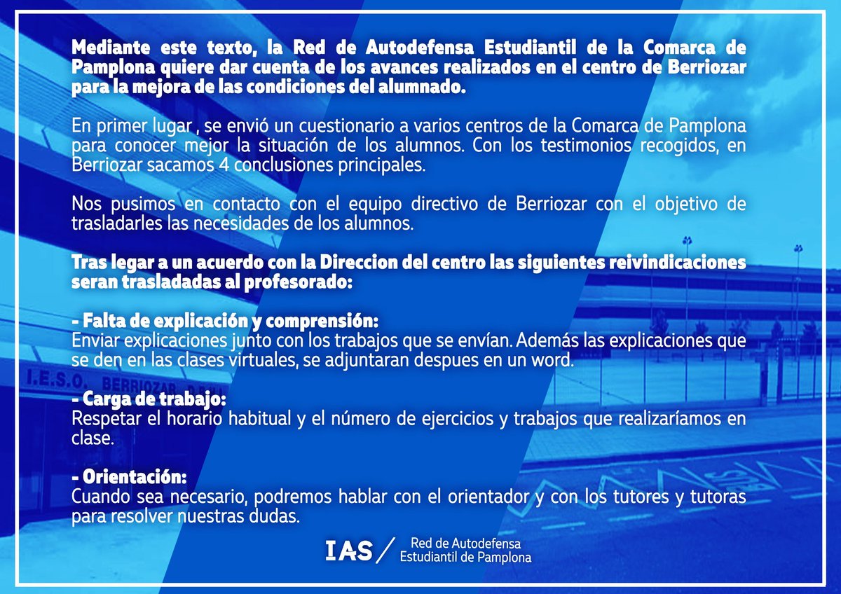 Berriozar ikastetxean emandako aurrerapenen berri eman nahi dugu hurrengo testuaren bitartez👇👇👇

Mediante el siguiente texto damos a conocer los avances realizados en el instituto Berriozar👇👇👇