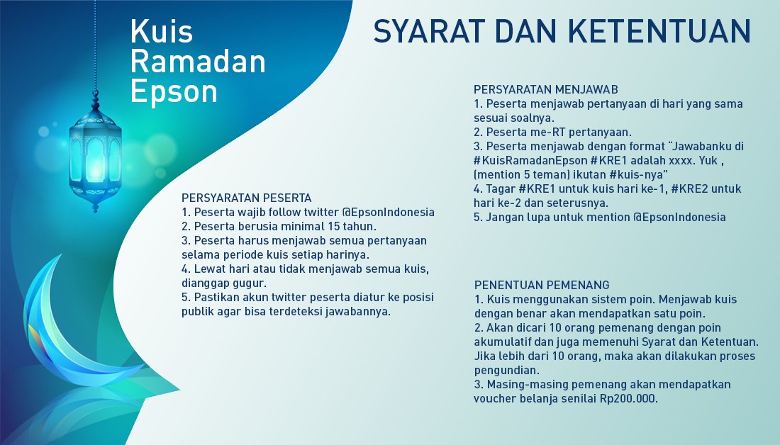 Perhatikan juga Syarat dan Ketentuan mengikuti Kuis Ramadan Epson ya. Bagi yang belum ikutan, masih ada waktu untuk menjawab. #KRE1 #KuisRamadanEpson #RamadanBersamaEpson
