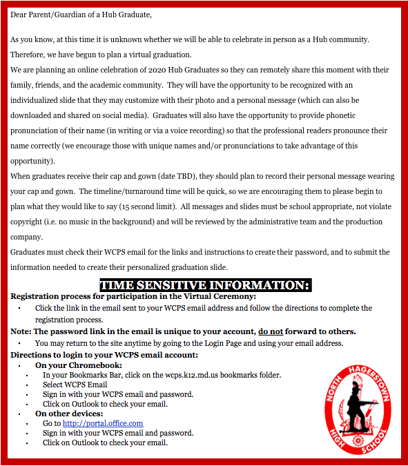 HubsNHHS's tweet photo. Hub graduates: all graduates have an important email in their WCPS email account.  Please see the attached letter/info (we also emailed this to all parents of grads who have an email on file with NHHS). #hubpride #hubs2020 @rebjam16 @horstdar @DLMarriott @Robinsonwcps @wcpskara https://t.co/nZyNy0Aler