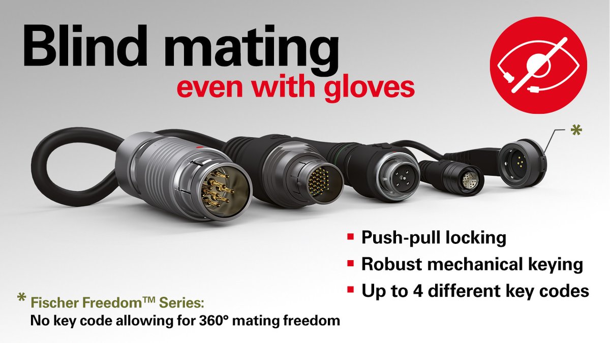FischerConnect's tweet photo. Can you easily mate your connector even if you can’t see it? Don’t let lack of visibility slow you down. @FischerConnect solutions are blind mateable even with gloves > https://t.co/GUptOOsKpK
#usability #blindmating #keycode #nokeycode #FischerUltiMate #FischerFreedom https://t.co/UC5SZsQCHw