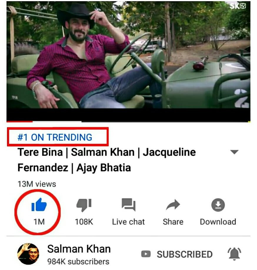 i_yogesh22's tweet photo. 1 MILLION LIKES For #TereBina Song!

#TereBina Sung By #SalmanKhan Completes Record 1 MILLION LIKES On YouTube In Just 30 Hours!

#SalmanKhan's "10th YouTube Video" To Hit 1 MILLION LIKES, Most For Any Indian Actor Ever! Another #AllTimeRecord! 👏
. https://t.co/zpe5dGKu0B