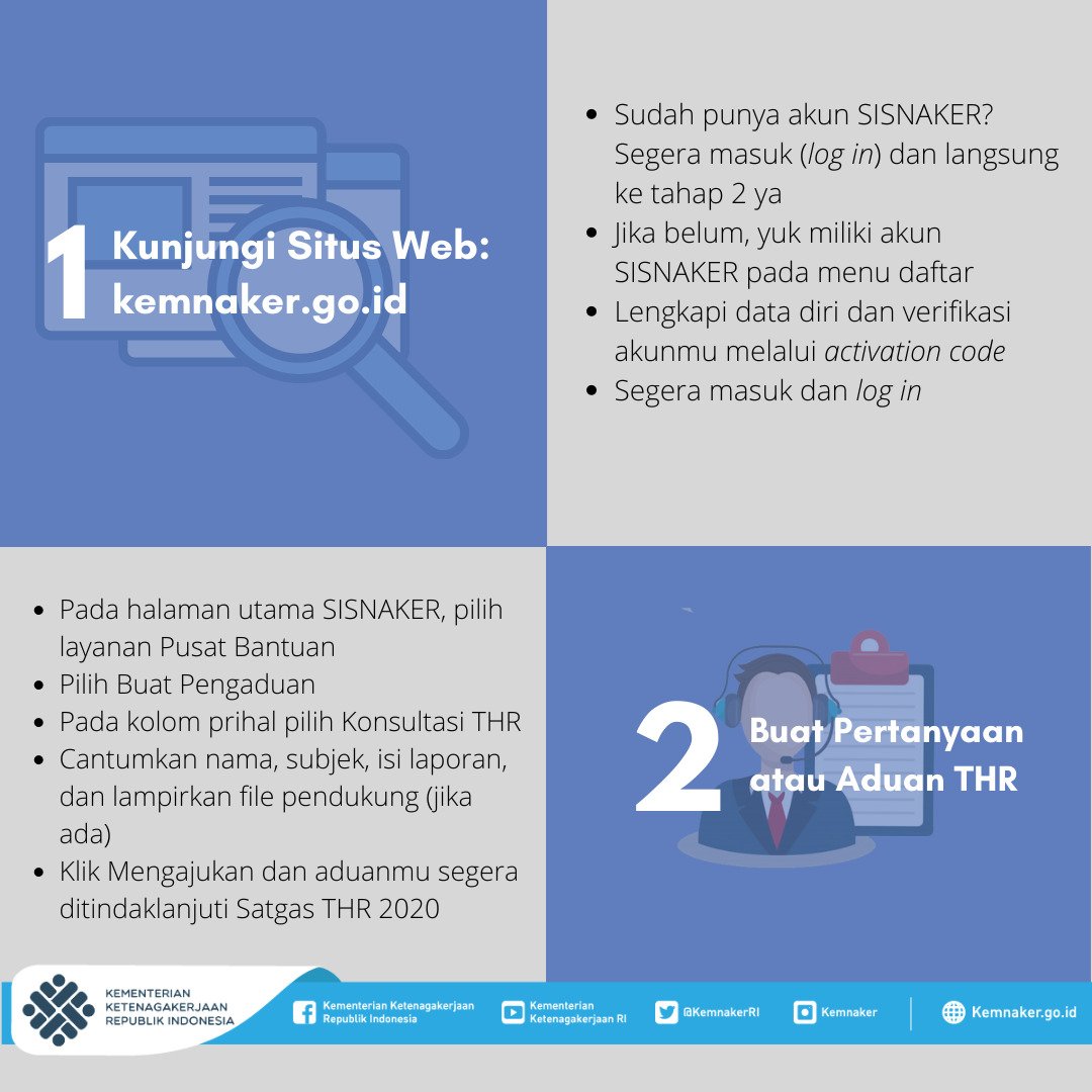 KemnakerRI's tweet photo. Kemnaker menyediakan Posko Pengaduan THR Tahun 2020 secara online di:

https://t.co/MPa45B8e1U

Posko ini bertujuan untuk memfasilitasi konsultasi maupun pengaduan seputar THR Keagamaan. Yuk, simak cara mengakses Posko Pengaduan THR Tahun 2020 berikut: https://t.co/rYapMefAeM