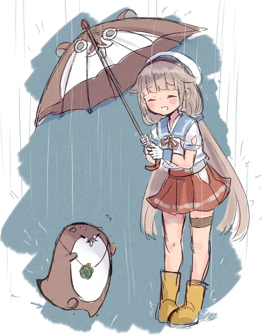 雨予報なのに傘を忘れたボクカワウソを迎えに来た御蔵ちゃん
ボクカワウソに長靴はかせたらキモかったので裸足(?)にしました 