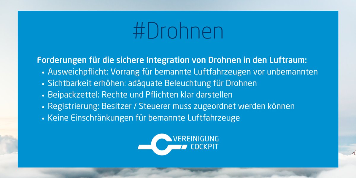Safety First muss auch für #Drohnen gelten! Unsere Forderungen zur Integration von Drohnen in den Luftraum: vcockpit.de/fileadmin/doku…  

#Drohnenaktionsplan #Drohnendebatte2020  @AndiScheuer <a href="/tj_tweets/">Thomas Jarzombek</a> @BMVI