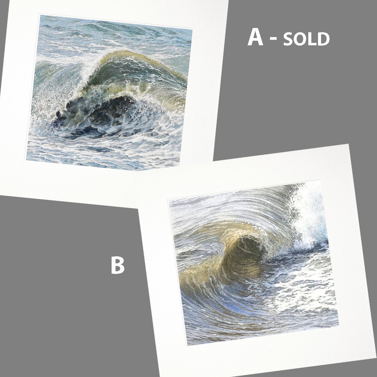 New series of wave detail watercolour paintings in a square format for #artistsupportpledge Image size H12.5 x W13 cms on Fabriano Artistico, in single white mount 25 cms/10" square. A SOLD, B - TRANSLUCENT ROLL available - £125 including UK P&amp;P. If interested, please message.